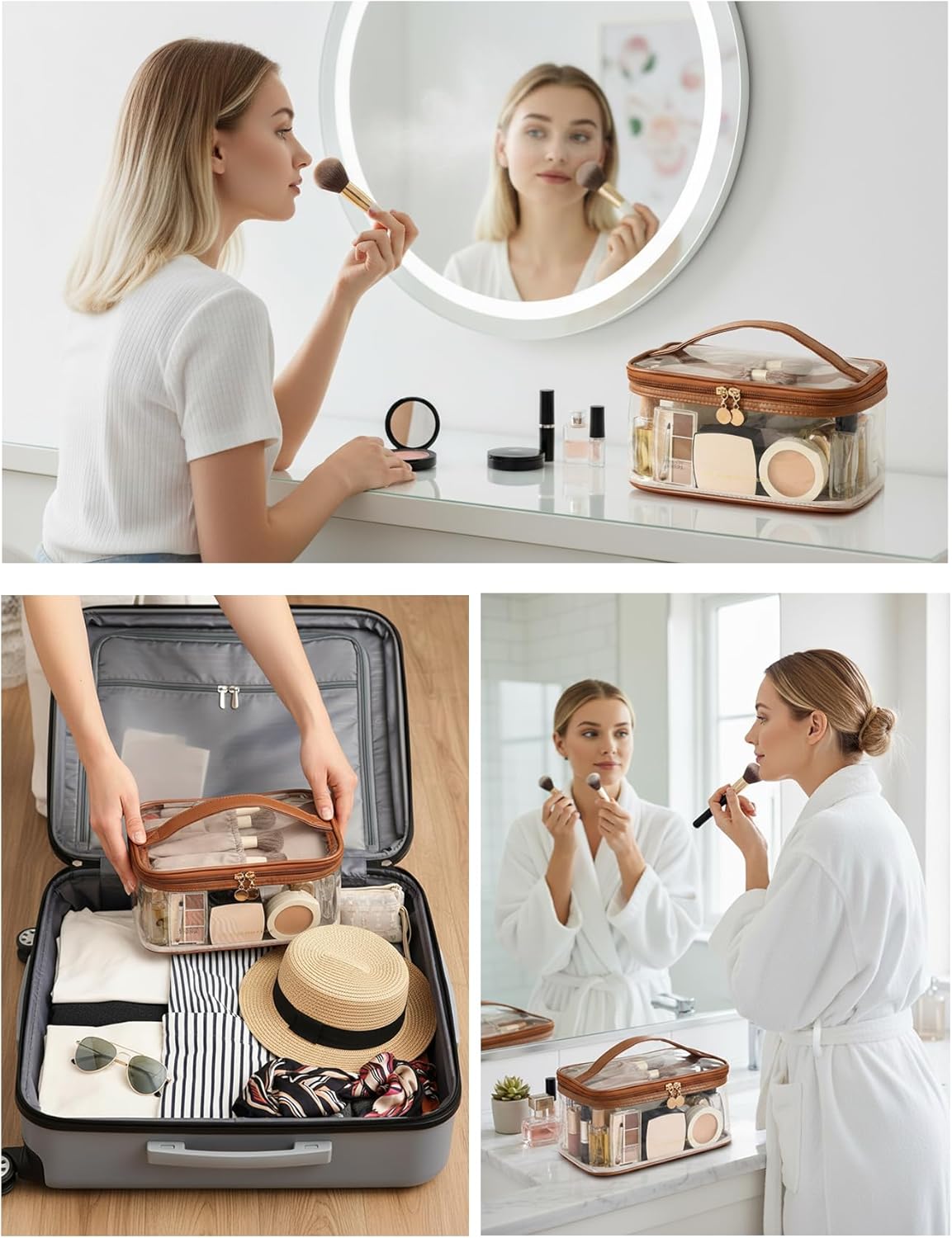 Large Clear Makeup Bag Big Cosmetic Bags Waterproof Toiletry Orangizer with Handle Transparent Toiletries Case Travel Pouch for Women Girls Daily Beauty Purse Essentials Skincare Bag Off White