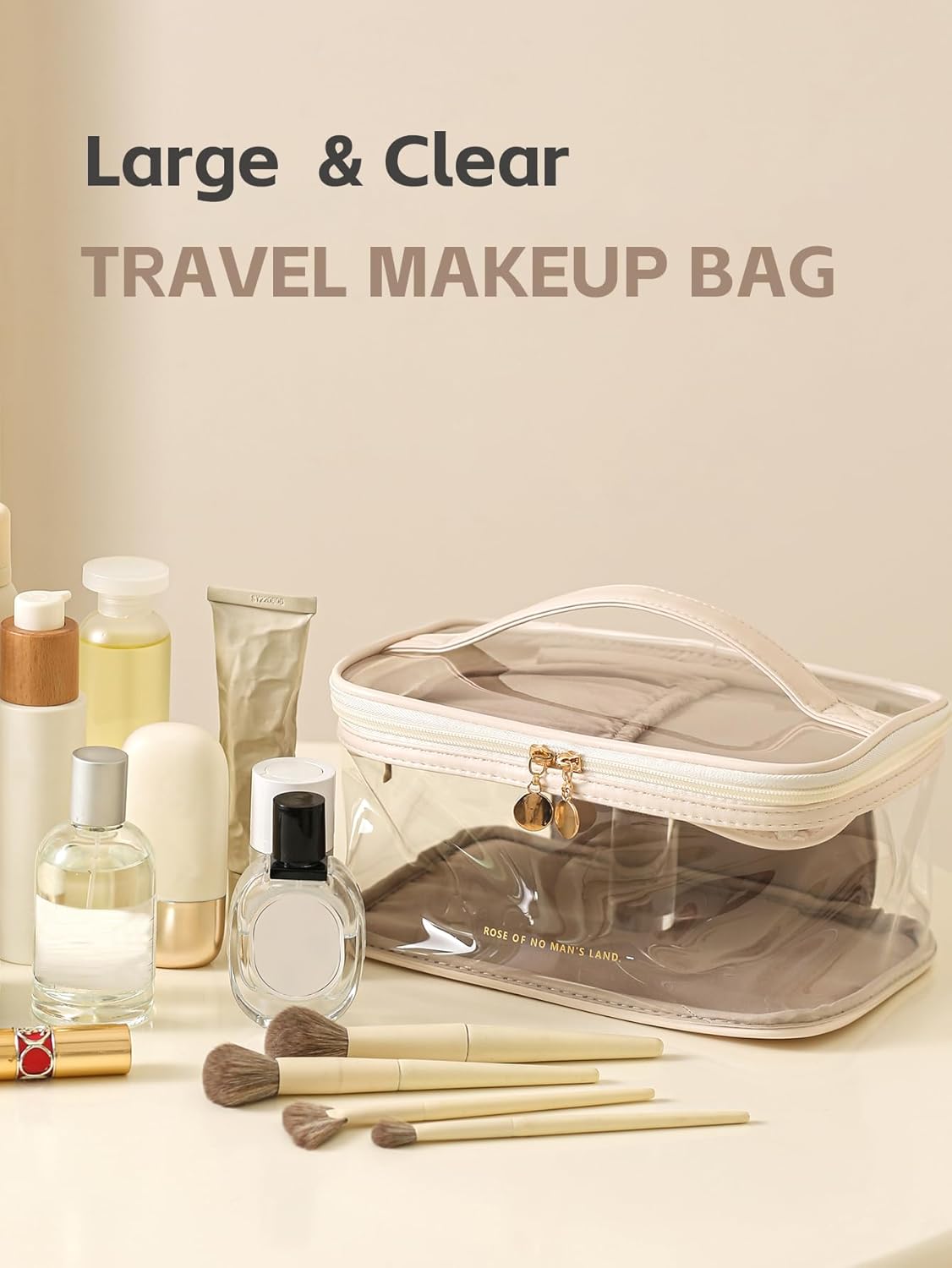 Large Clear Makeup Bag Big Cosmetic Bags Waterproof Toiletry Orangizer with Handle Transparent Toiletries Case Travel Pouch for Women Girls Daily Beauty Purse Essentials Skincare Bag Off White