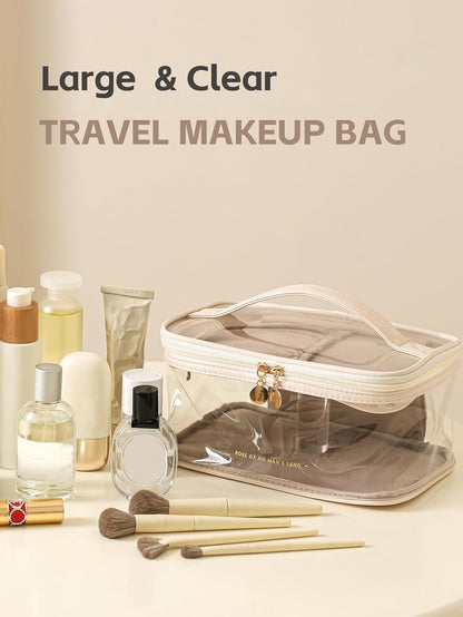 Large Clear Makeup Bag Big Cosmetic Bags Waterproof Toiletry Orangizer with Handle Transparent Toiletries Case Travel Pouch for Women Girls Daily Beauty Purse Essentials Skincare Bag Off White