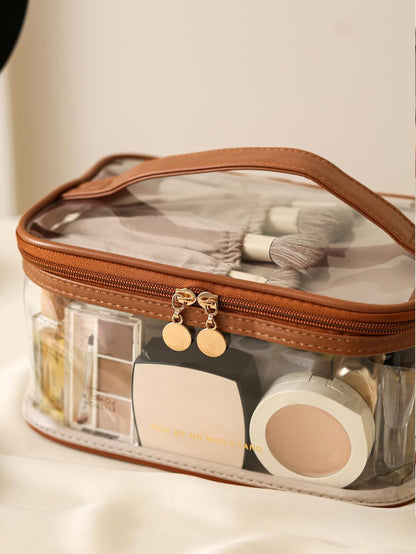 Large Clear Makeup Bag Big Cosmetic Bags Waterproof Toiletry Orangizer with Handle Transparent Toiletries Case Travel Pouch for Women Girls Daily Beauty Purse Essentials Skincare Bag Off White