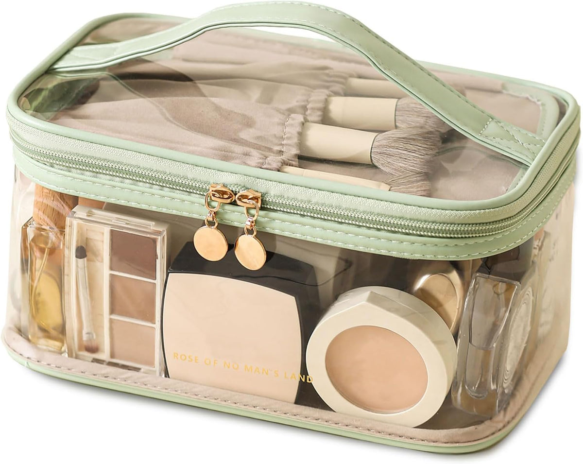 Large Clear Makeup Bag Big Cosmetic Bags Waterproof Toiletry Orangizer with Handle Transparent Toiletries Case Travel Pouch for Women Girls Daily Beauty Purse Essentials Skincare Bag Off White