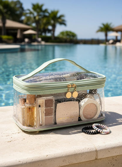 Large Clear Makeup Bag Big Cosmetic Bags Waterproof Toiletry Orangizer with Handle Transparent Toiletries Case Travel Pouch for Women Girls Daily Beauty Purse Essentials Skincare Bag Off White