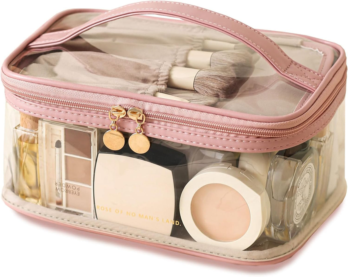 Large Clear Makeup Bag Big Cosmetic Bags Waterproof Toiletry Orangizer with Handle Transparent Toiletries Case Travel Pouch for Women Girls Daily Beauty Purse Essentials Skincare Bag Off White