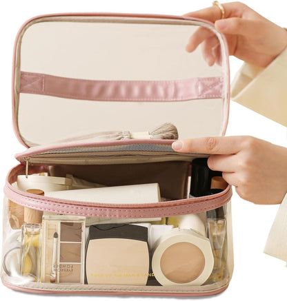 Large Clear Makeup Bag Big Cosmetic Bags Waterproof Toiletry Orangizer with Handle Transparent Toiletries Case Travel Pouch for Women Girls Daily Beauty Purse Essentials Skincare Bag Off White