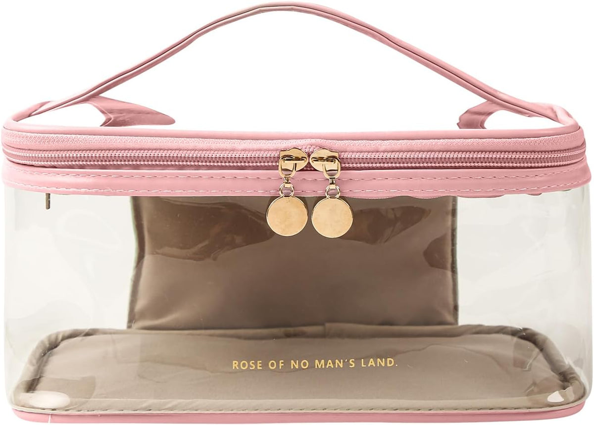 Large Clear Makeup Bag Big Cosmetic Bags Waterproof Toiletry Orangizer with Handle Transparent Toiletries Case Travel Pouch for Women Girls Daily Beauty Purse Essentials Skincare Bag Off White