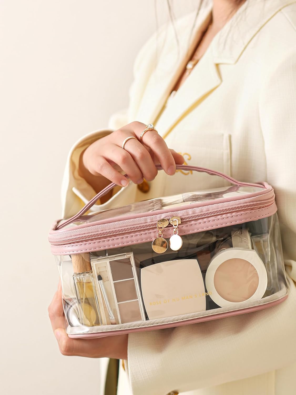 Large Clear Makeup Bag Big Cosmetic Bags Waterproof Toiletry Orangizer with Handle Transparent Toiletries Case Travel Pouch for Women Girls Daily Beauty Purse Essentials Skincare Bag Off White