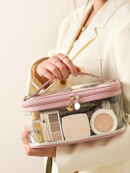 Large Clear Makeup Bag Big Cosmetic Bags Waterproof Toiletry Orangizer with Handle Transparent Toiletries Case Travel Pouch for Women Girls Daily Beauty Purse Essentials Skincare Bag Off White