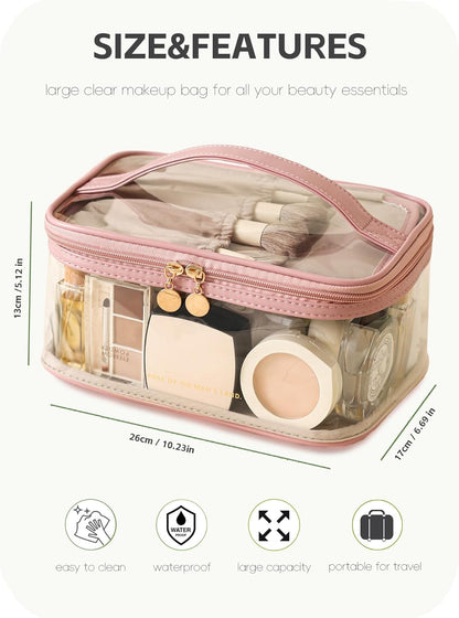 Large Clear Makeup Bag Big Cosmetic Bags Waterproof Toiletry Orangizer with Handle Transparent Toiletries Case Travel Pouch for Women Girls Daily Beauty Purse Essentials Skincare Bag Off White