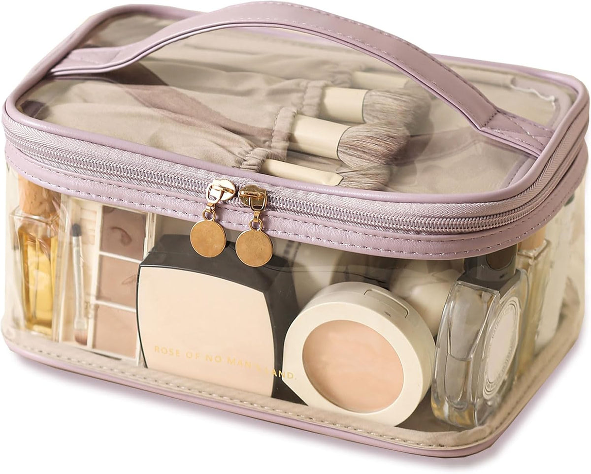 Large Clear Makeup Bag Big Cosmetic Bags Waterproof Toiletry Orangizer with Handle Transparent Toiletries Case Travel Pouch for Women Girls Daily Beauty Purse Essentials Skincare Bag Off White