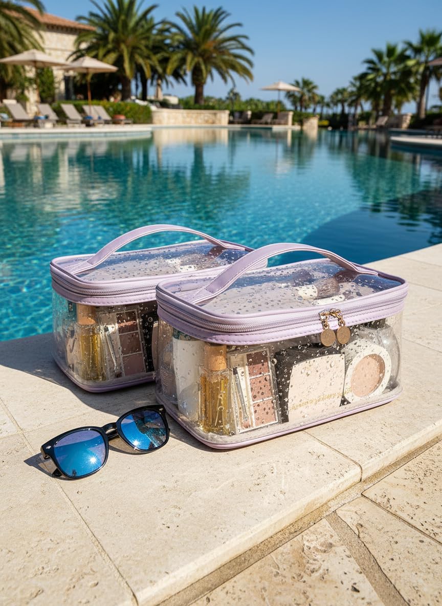 Large Clear Makeup Bag Big Cosmetic Bags Waterproof Toiletry Orangizer with Handle Transparent Toiletries Case Travel Pouch for Women Girls Daily Beauty Purse Essentials Skincare Bag Off White