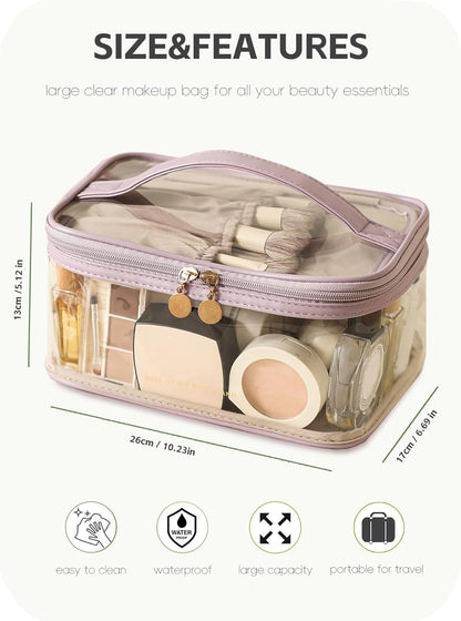 Large Clear Makeup Bag Big Cosmetic Bags Waterproof Toiletry Orangizer with Handle Transparent Toiletries Case Travel Pouch for Women Girls Daily Beauty Purse Essentials Skincare Bag Off White