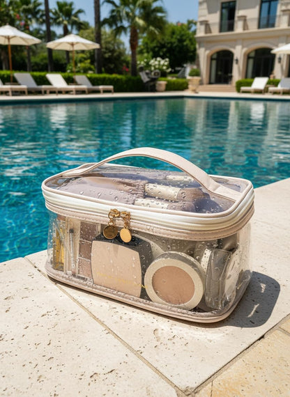 Large Clear Makeup Bag Big Cosmetic Bags Waterproof Toiletry Orangizer with Handle Transparent Toiletries Case Travel Pouch for Women Girls Daily Beauty Purse Essentials Skincare Bag Off White