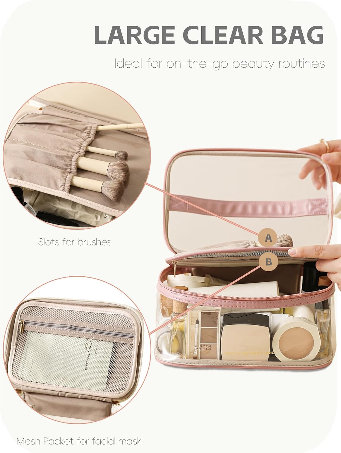 Large Clear Makeup Bag Big Cosmetic Bags Waterproof Toiletry Orangizer with Handle Transparent Toiletries Case Travel Pouch for Women Girls Daily Beauty Purse Essentials Skincare Bag Off White