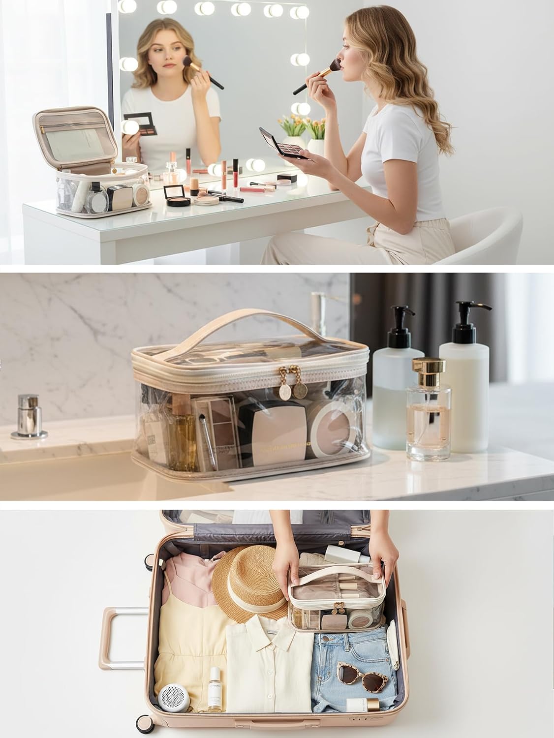 Large Clear Makeup Bag Big Cosmetic Bags Waterproof Toiletry Orangizer with Handle Transparent Toiletries Case Travel Pouch for Women Girls Daily Beauty Purse Essentials Skincare Bag Off White