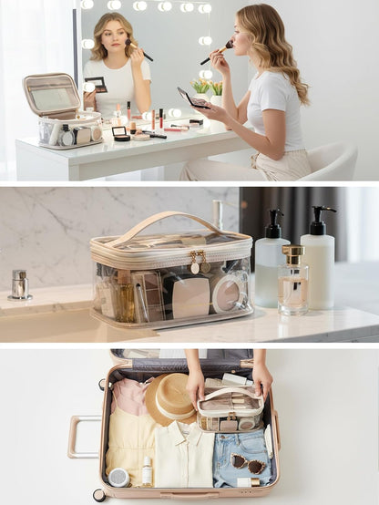 Large Clear Makeup Bag Big Cosmetic Bags Waterproof Toiletry Orangizer with Handle Transparent Toiletries Case Travel Pouch for Women Girls Daily Beauty Purse Essentials Skincare Bag Off White