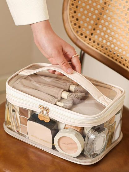 Large Clear Makeup Bag Big Cosmetic Bags Waterproof Toiletry Orangizer with Handle Transparent Toiletries Case Travel Pouch for Women Girls Daily Beauty Purse Essentials Skincare Bag Off White