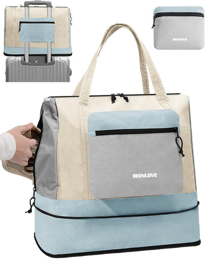 Foldable Travel Bag 46L, Expandable Weekender Duffle Bag with Shoe Compartment, Waterproof Nylon Carry On Bag, Lightweight Personal Item Bag for Women & Men, Folds into a Small Pouch