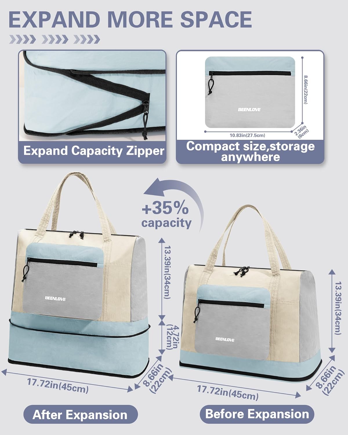 Foldable Travel Bag 46L, Expandable Weekender Duffle Bag with Shoe Compartment, Waterproof Nylon Carry On Bag, Lightweight Personal Item Bag for Women & Men, Folds into a Small Pouch