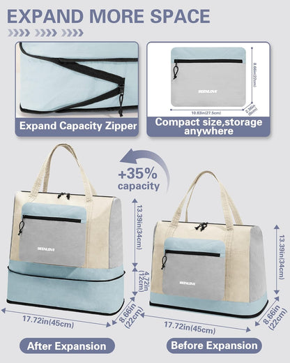 Foldable Travel Bag 46L, Expandable Weekender Duffle Bag with Shoe Compartment, Waterproof Nylon Carry On Bag, Lightweight Personal Item Bag for Women & Men, Folds into a Small Pouch