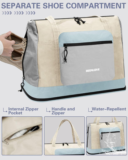 Foldable Travel Bag 46L, Expandable Weekender Duffle Bag with Shoe Compartment, Waterproof Nylon Carry On Bag, Lightweight Personal Item Bag for Women & Men, Folds into a Small Pouch