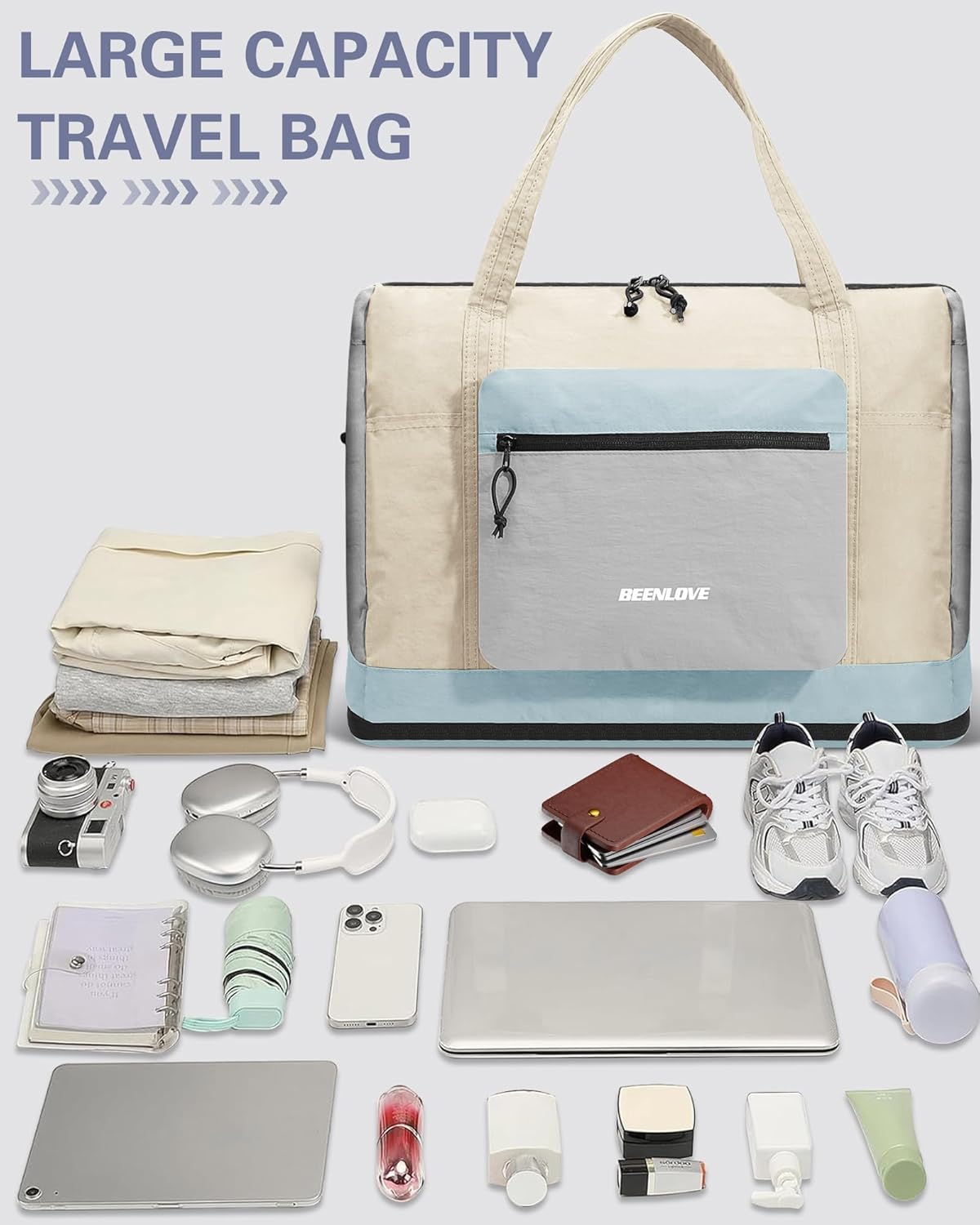 Foldable Travel Bag 46L, Expandable Weekender Duffle Bag with Shoe Compartment, Waterproof Nylon Carry On Bag, Lightweight Personal Item Bag for Women & Men, Folds into a Small Pouch