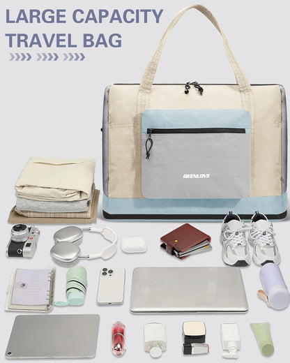 Foldable Travel Bag 46L, Expandable Weekender Duffle Bag with Shoe Compartment, Waterproof Nylon Carry On Bag, Lightweight Personal Item Bag for Women & Men, Folds into a Small Pouch