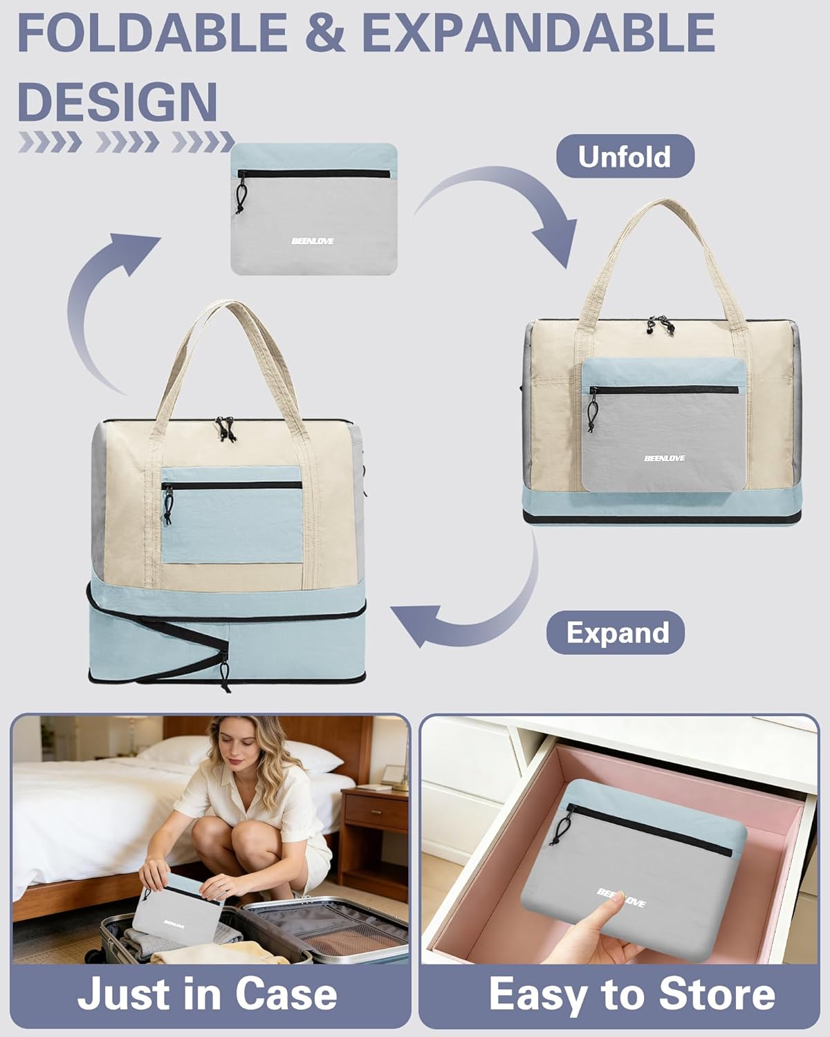 Foldable Travel Bag 46L, Expandable Weekender Duffle Bag with Shoe Compartment, Waterproof Nylon Carry On Bag, Lightweight Personal Item Bag for Women & Men, Folds into a Small Pouch