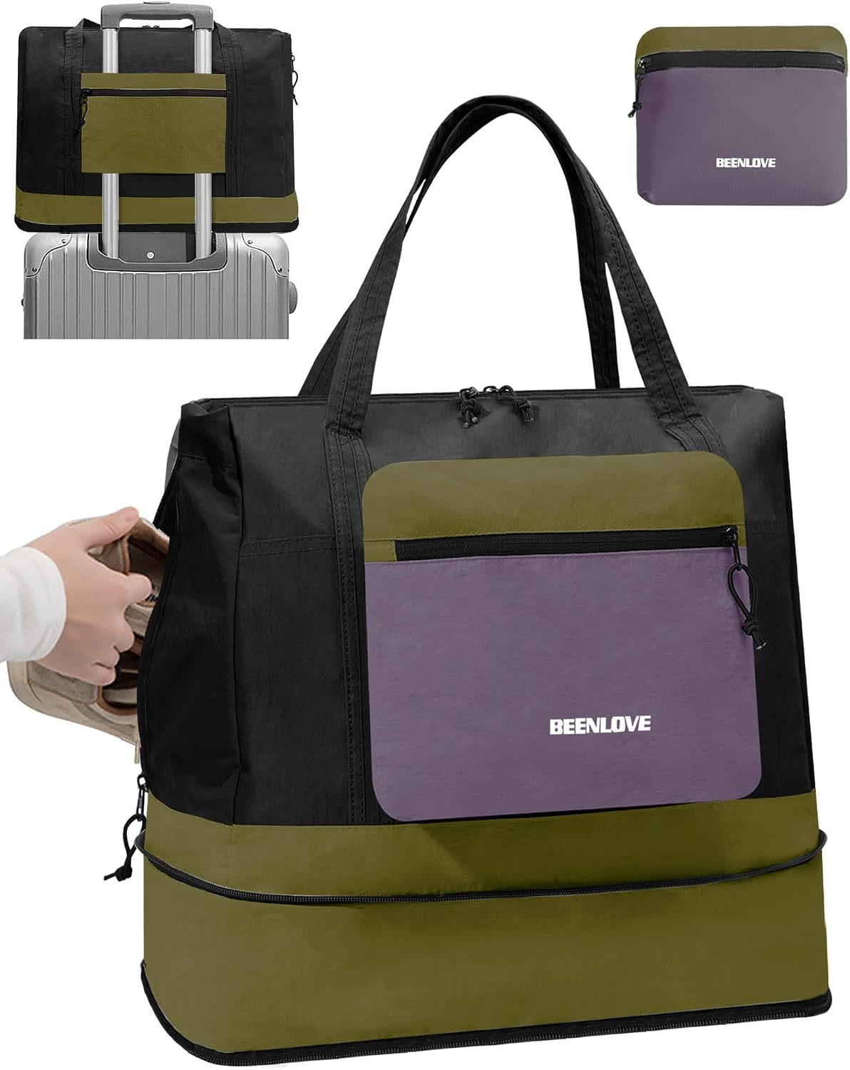 Foldable Travel Bag 46L, Expandable Weekender Duffle Bag with Shoe Compartment, Waterproof Nylon Carry On Bag, Lightweight Personal Item Bag for Women & Men, Folds into a Small Pouch