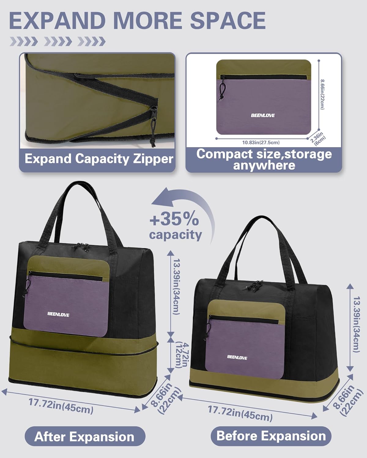 Foldable Travel Bag 46L, Expandable Weekender Duffle Bag with Shoe Compartment, Waterproof Nylon Carry On Bag, Lightweight Personal Item Bag for Women & Men, Folds into a Small Pouch