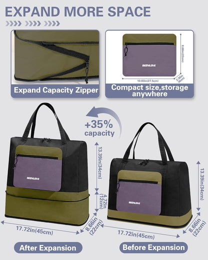 Foldable Travel Bag 46L, Expandable Weekender Duffle Bag with Shoe Compartment, Waterproof Nylon Carry On Bag, Lightweight Personal Item Bag for Women & Men, Folds into a Small Pouch