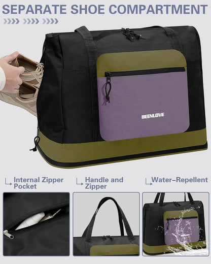 Foldable Travel Bag 46L, Expandable Weekender Duffle Bag with Shoe Compartment, Waterproof Nylon Carry On Bag, Lightweight Personal Item Bag for Women & Men, Folds into a Small Pouch
