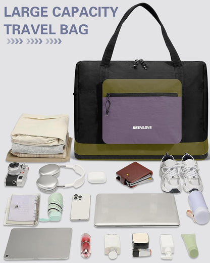Foldable Travel Bag 46L, Expandable Weekender Duffle Bag with Shoe Compartment, Waterproof Nylon Carry On Bag, Lightweight Personal Item Bag for Women & Men, Folds into a Small Pouch