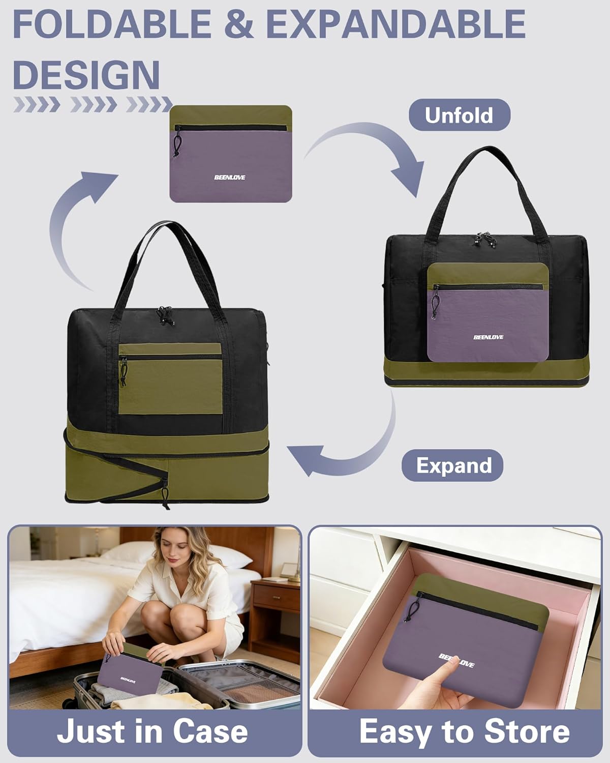 Foldable Travel Bag 46L, Expandable Weekender Duffle Bag with Shoe Compartment, Waterproof Nylon Carry On Bag, Lightweight Personal Item Bag for Women & Men, Folds into a Small Pouch