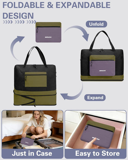 Foldable Travel Bag 46L, Expandable Weekender Duffle Bag with Shoe Compartment, Waterproof Nylon Carry On Bag, Lightweight Personal Item Bag for Women & Men, Folds into a Small Pouch