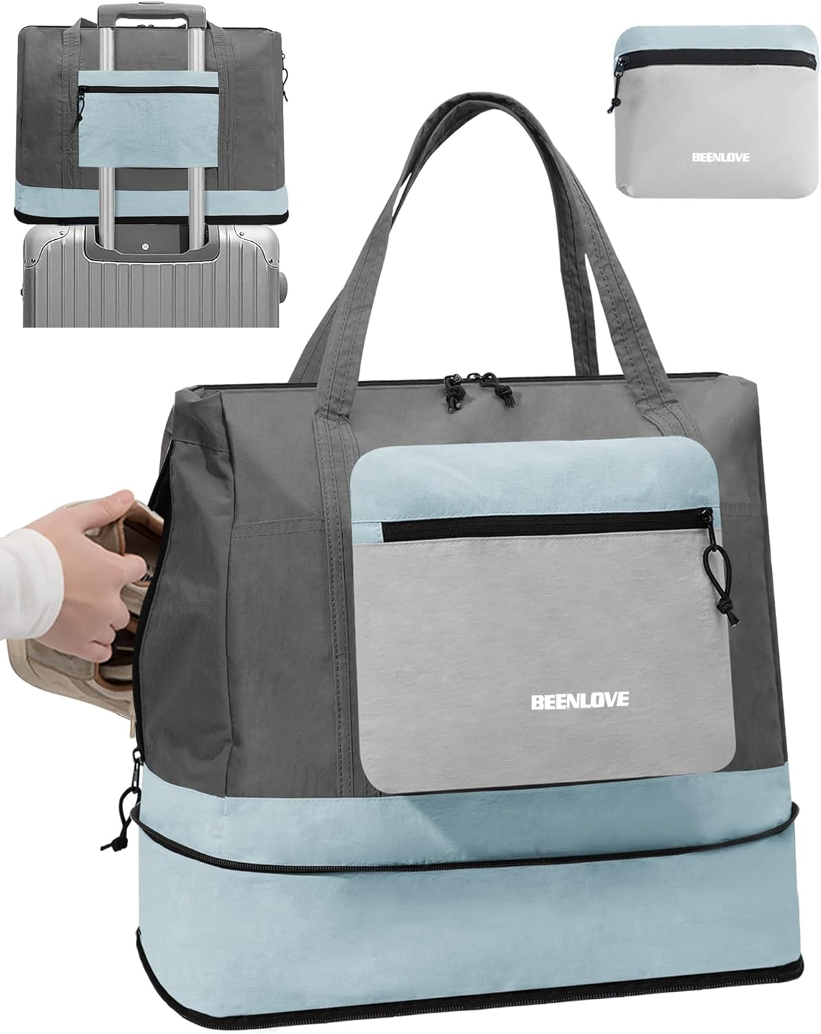 Foldable Travel Bag 46L, Expandable Weekender Duffle Bag with Shoe Compartment, Waterproof Nylon Carry On Bag, Lightweight Personal Item Bag for Women & Men, Folds into a Small Pouch