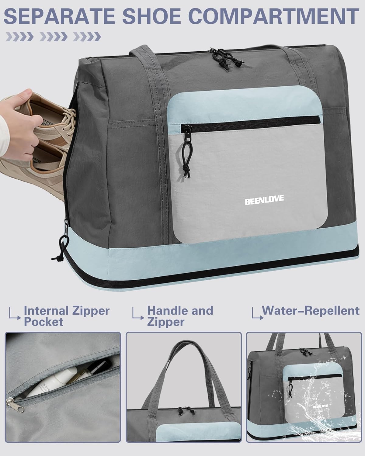 Foldable Travel Bag 46L, Expandable Weekender Duffle Bag with Shoe Compartment, Waterproof Nylon Carry On Bag, Lightweight Personal Item Bag for Women & Men, Folds into a Small Pouch
