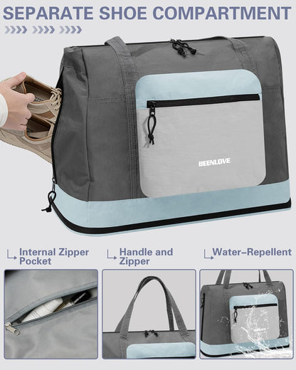 Foldable Travel Bag 46L, Expandable Weekender Duffle Bag with Shoe Compartment, Waterproof Nylon Carry On Bag, Lightweight Personal Item Bag for Women & Men, Folds into a Small Pouch