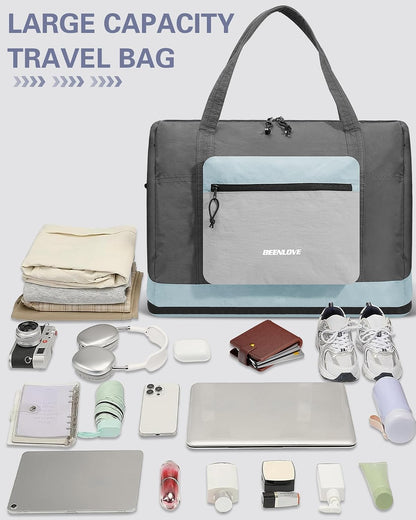 Foldable Travel Bag 46L, Expandable Weekender Duffle Bag with Shoe Compartment, Waterproof Nylon Carry On Bag, Lightweight Personal Item Bag for Women & Men, Folds into a Small Pouch