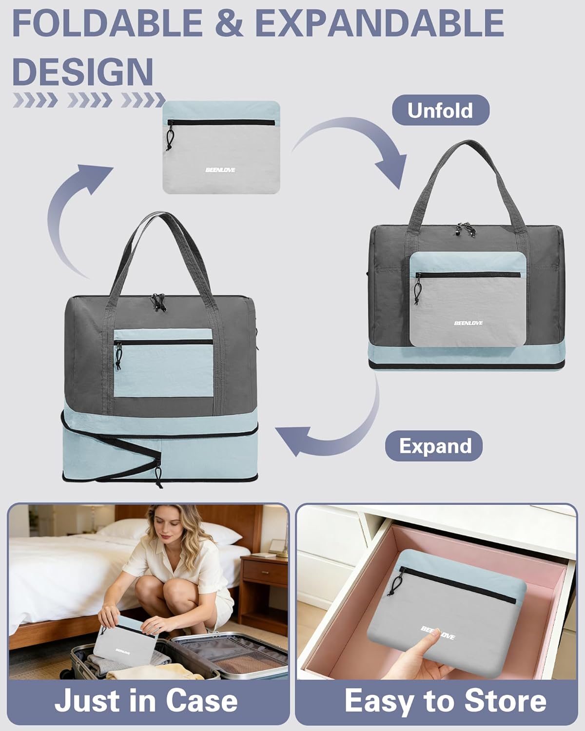 Foldable Travel Bag 46L, Expandable Weekender Duffle Bag with Shoe Compartment, Waterproof Nylon Carry On Bag, Lightweight Personal Item Bag for Women & Men, Folds into a Small Pouch