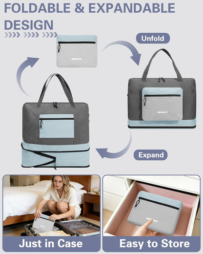 Foldable Travel Bag 46L, Expandable Weekender Duffle Bag with Shoe Compartment, Waterproof Nylon Carry On Bag, Lightweight Personal Item Bag for Women & Men, Folds into a Small Pouch