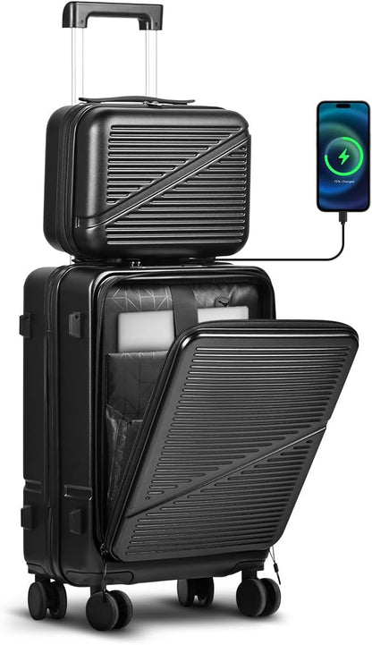 Carry On Luggage 22x14x9 Airline Approved, Hard Shell Spinner Suitcase with Front Laptop Pocket, USB Charging Port & TSA Lock, 20 Inch Rolling Luggage with Cosmetic Case