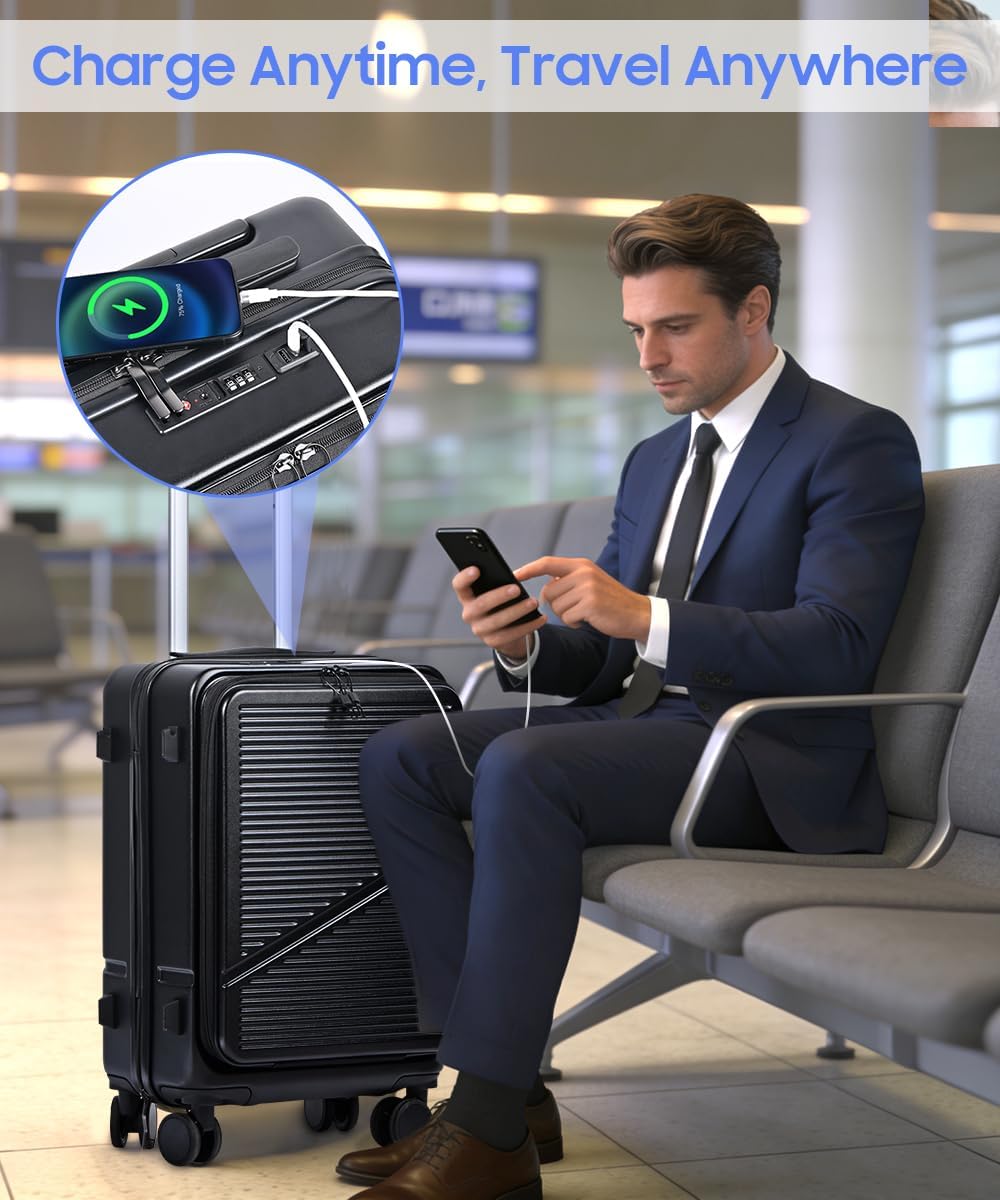 Carry On Luggage 22x14x9 Airline Approved, Hard Shell Spinner Suitcase with Front Laptop Pocket, USB Charging Port & TSA Lock, 20 Inch Rolling Luggage with Cosmetic Case