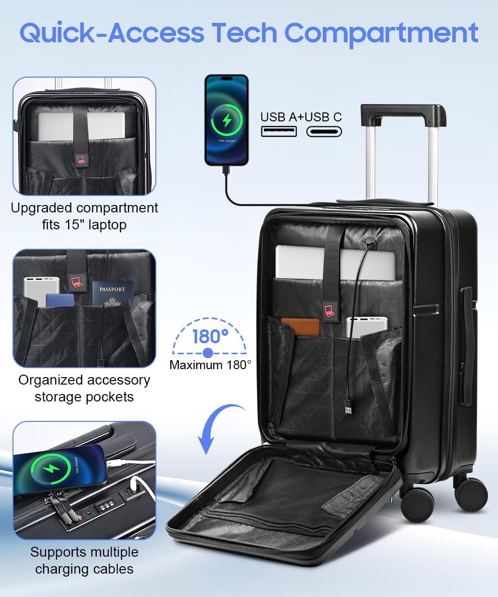 Carry On Luggage 22x14x9 Airline Approved, Hard Shell Spinner Suitcase with Front Laptop Pocket, USB Charging Port & TSA Lock, 20 Inch Rolling Luggage with Cosmetic Case