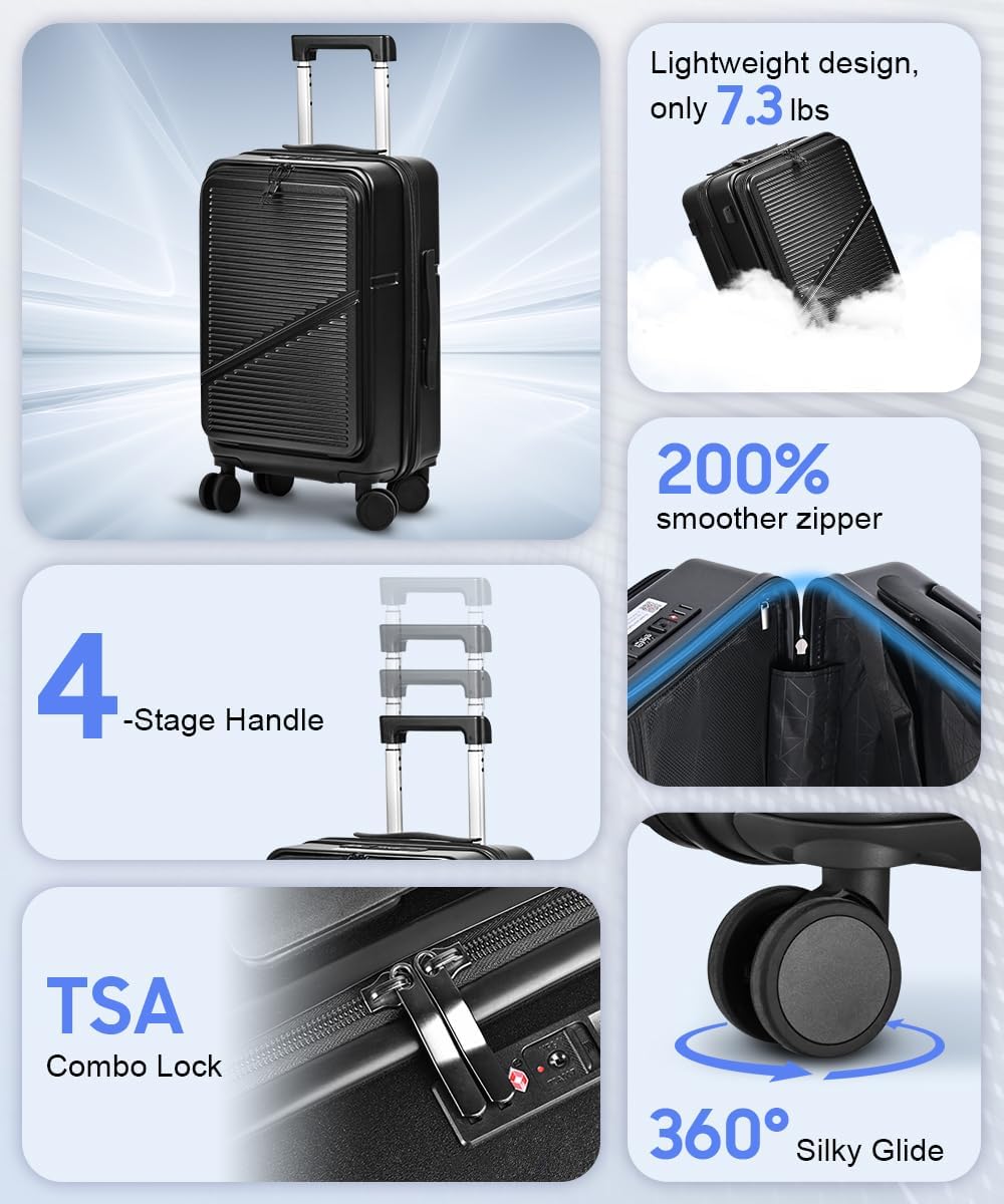 Carry On Luggage 22x14x9 Airline Approved, Hard Shell Spinner Suitcase with Front Laptop Pocket, USB Charging Port & TSA Lock, 20 Inch Rolling Luggage with Cosmetic Case