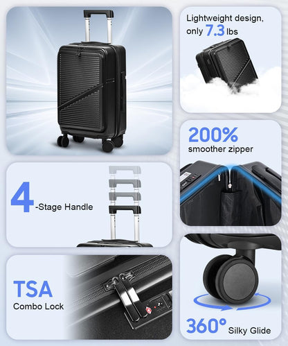 Carry On Luggage 22x14x9 Airline Approved, Hard Shell Spinner Suitcase with Front Laptop Pocket, USB Charging Port & TSA Lock, 20 Inch Rolling Luggage with Cosmetic Case