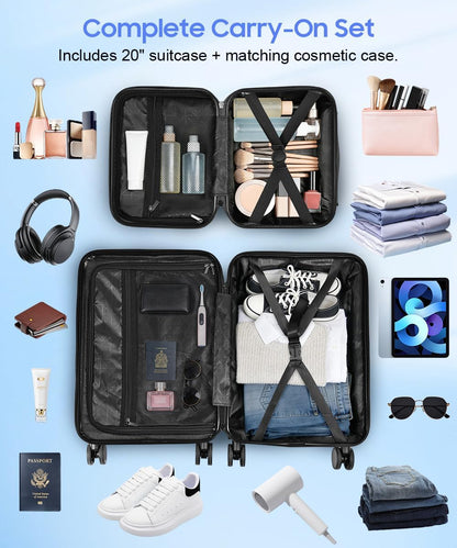 Carry On Luggage 22x14x9 Airline Approved, Hard Shell Spinner Suitcase with Front Laptop Pocket, USB Charging Port & TSA Lock, 20 Inch Rolling Luggage with Cosmetic Case