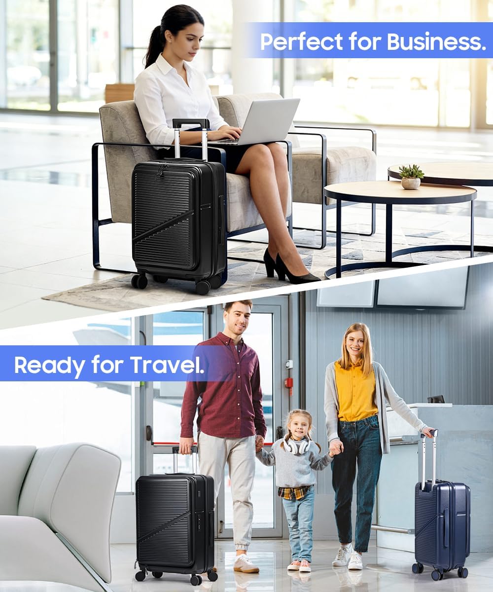 Carry On Luggage 22x14x9 Airline Approved, Hard Shell Spinner Suitcase with Front Laptop Pocket, USB Charging Port & TSA Lock, 20 Inch Rolling Luggage with Cosmetic Case