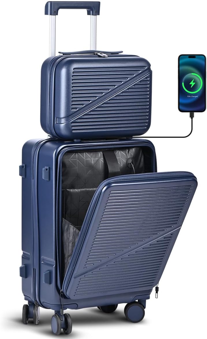 Carry On Luggage 22x14x9 Airline Approved, Hard Shell Spinner Suitcase with Front Laptop Pocket, USB Charging Port & TSA Lock, 20 Inch Rolling Luggage with Cosmetic Case