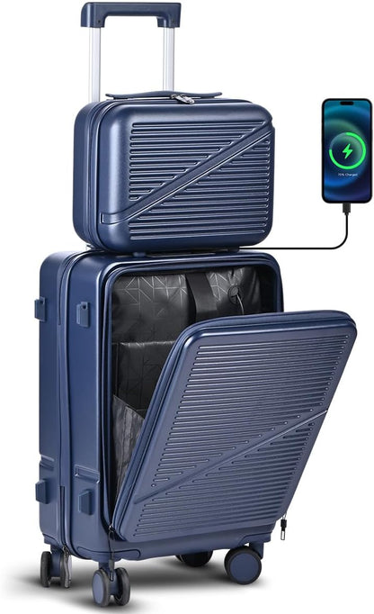 Carry On Luggage 22x14x9 Airline Approved, Hard Shell Spinner Suitcase with Front Laptop Pocket, USB Charging Port & TSA Lock, 20 Inch Rolling Luggage with Cosmetic Case