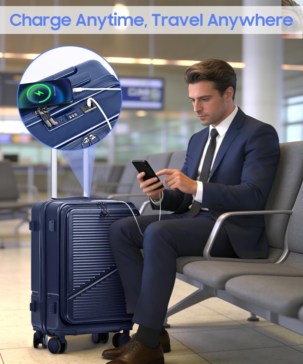 Carry On Luggage 22x14x9 Airline Approved, Hard Shell Spinner Suitcase with Front Laptop Pocket, USB Charging Port & TSA Lock, 20 Inch Rolling Luggage with Cosmetic Case